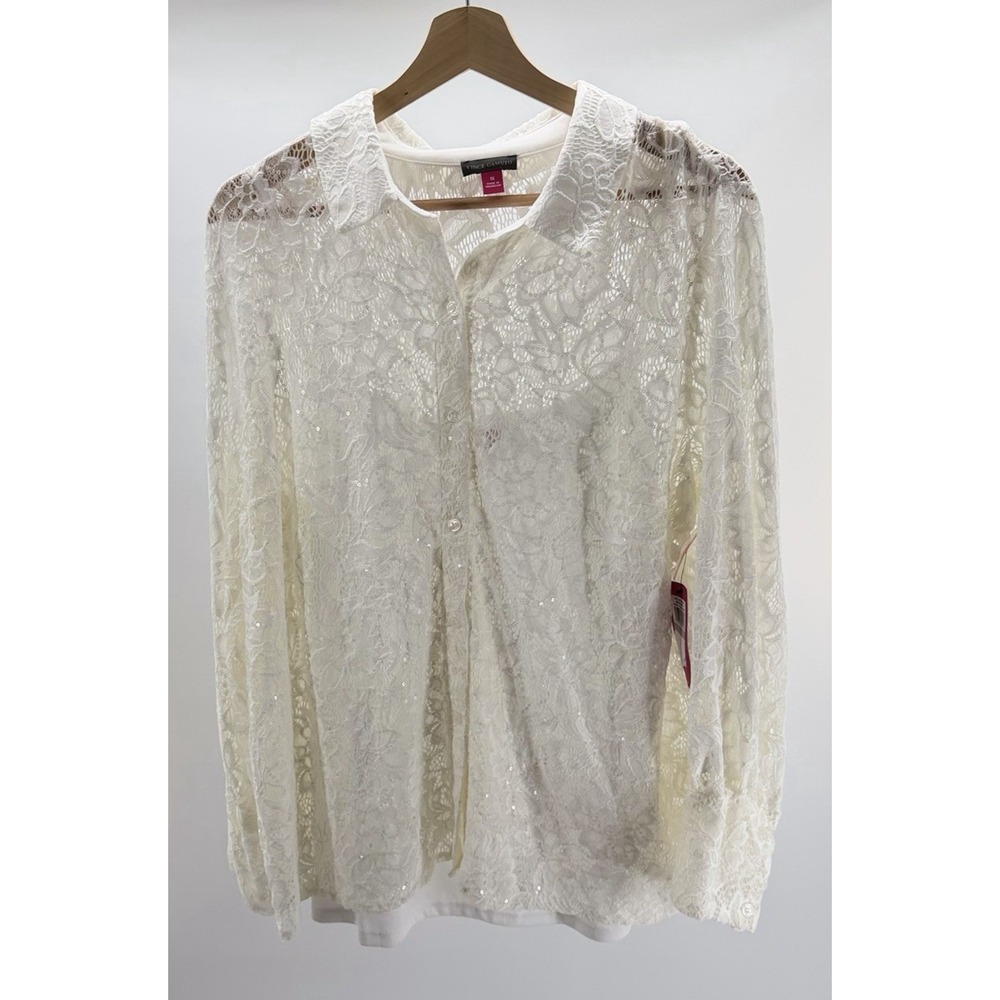 Vince Camuto Women's Ivory Lace Fold-Collar Long-Sleeve Blouse Top Plus Size 1X